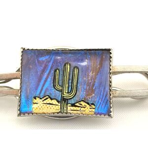 Vintage Tie Clip Blue Morpho Butterfly Wing Desert Cactus Landscape Southwest